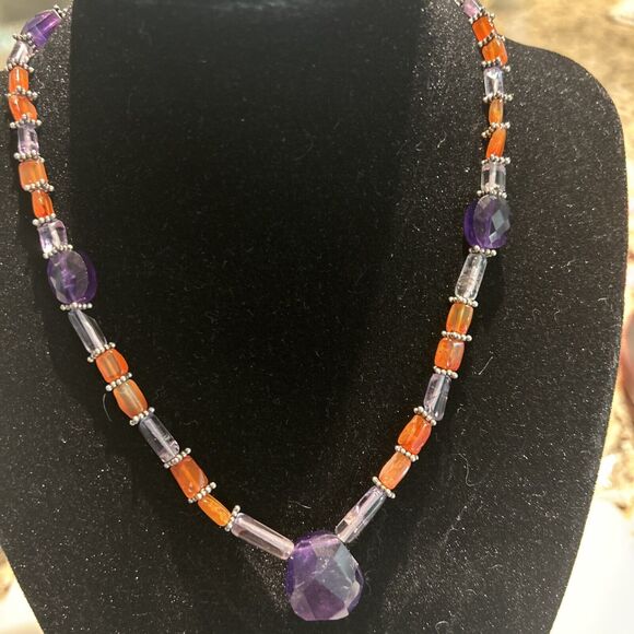 Gemstone Necklace Faceted Amethyst And Garnet Or Tourmaline‎ Toggle Sterling - Picture 8 of 8